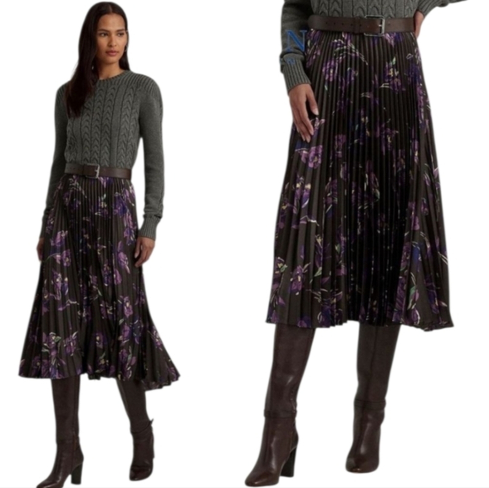 Ralph Lauren Brown White Purple Floral A-Line Midi Skirt Pleated Plus Size 22W